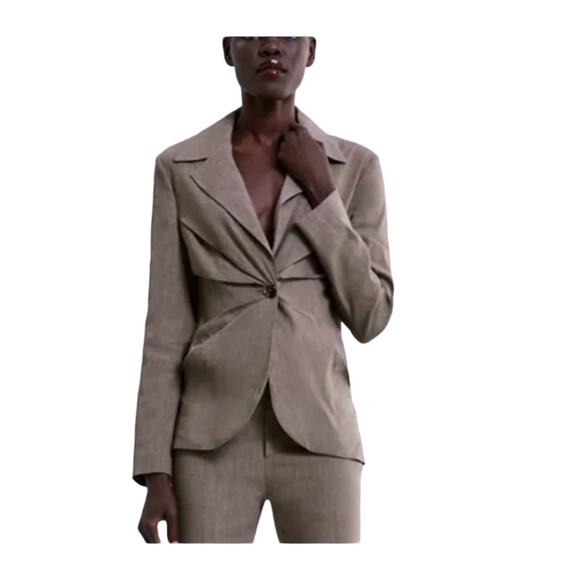 Zara Brown Tailored Blazer Suit Jacket Pleats Linen Blend size Medium - Picture 8 of 11